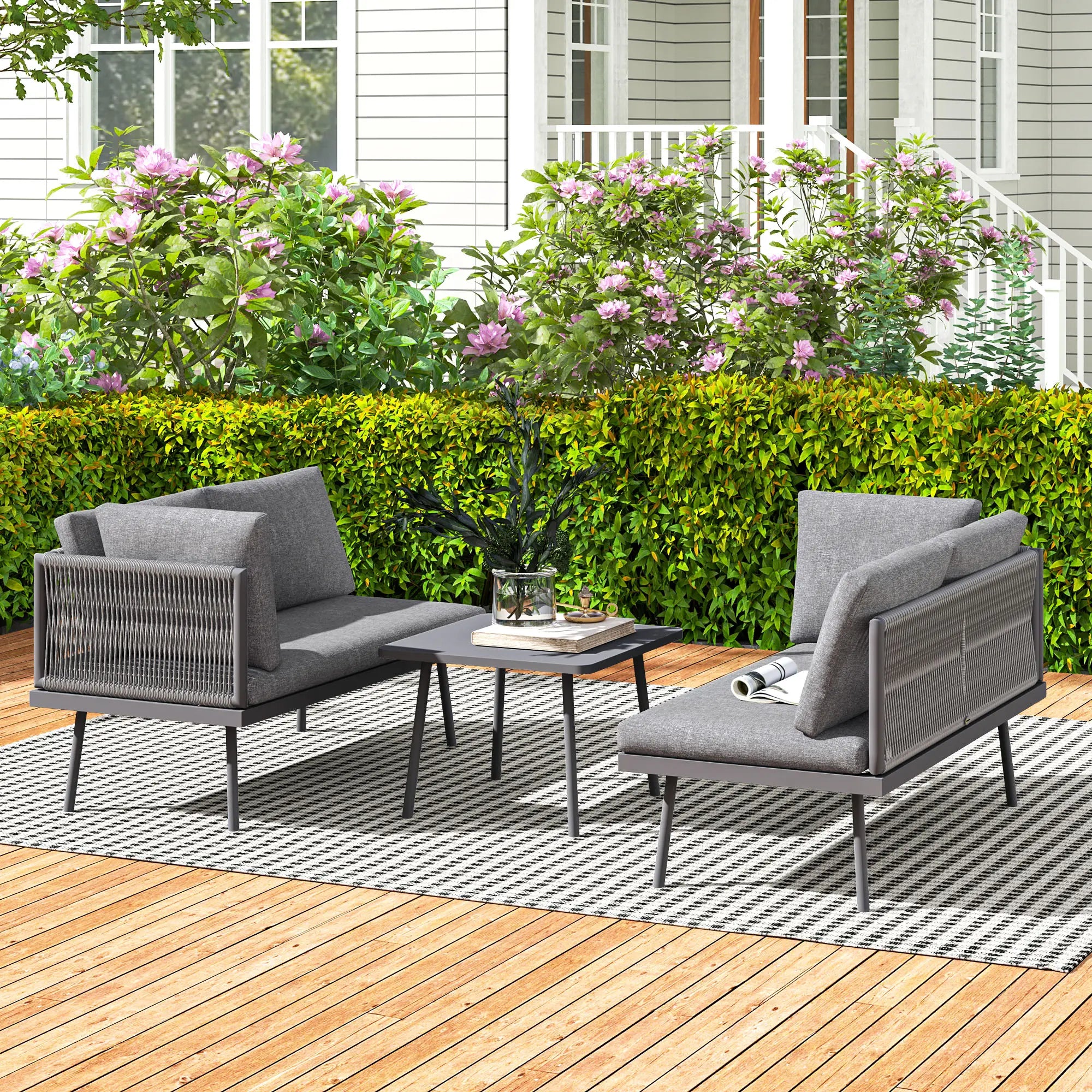 3 Pc Outdoor Furniture Set, L Shaped Wicker, Steel Table, Grey Patio Furniture Sets at Gallery Canada