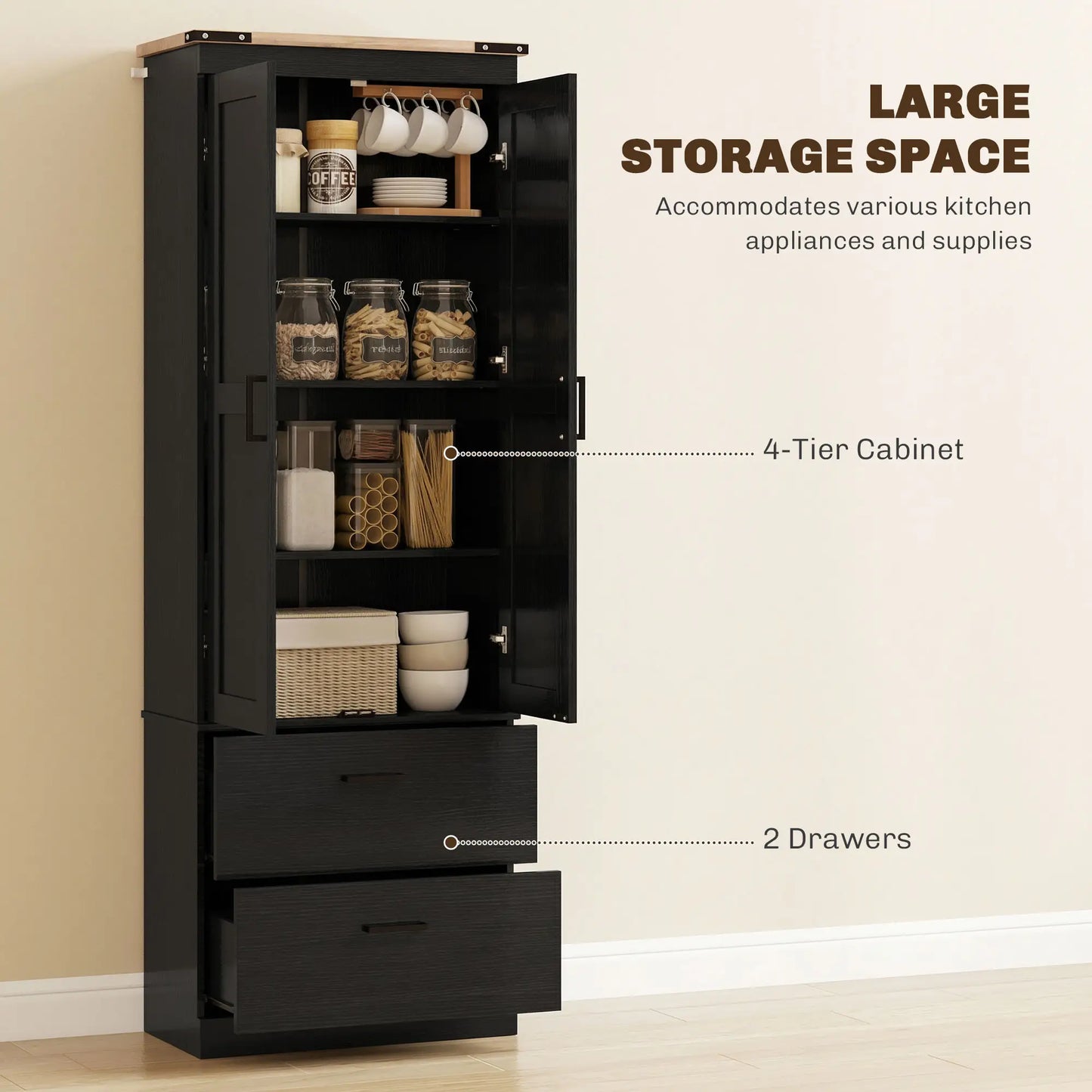 67" Tall Kitchen Pantry Cabinet With Doors, Drawers, Adjustable Shelves, Black Kitchen Pantry Cabinets at Gallery Canada