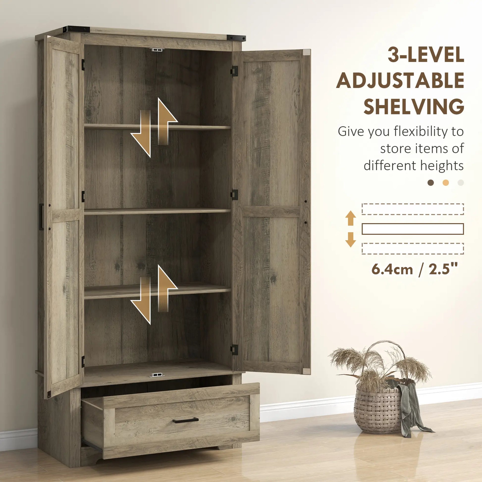 69" Tall Farmhouse Kitchen Pantry, 2 Doors, Drawer, Adjustable Shelves, Grey Kitchen Pantry Cabinets at Gallery Canada