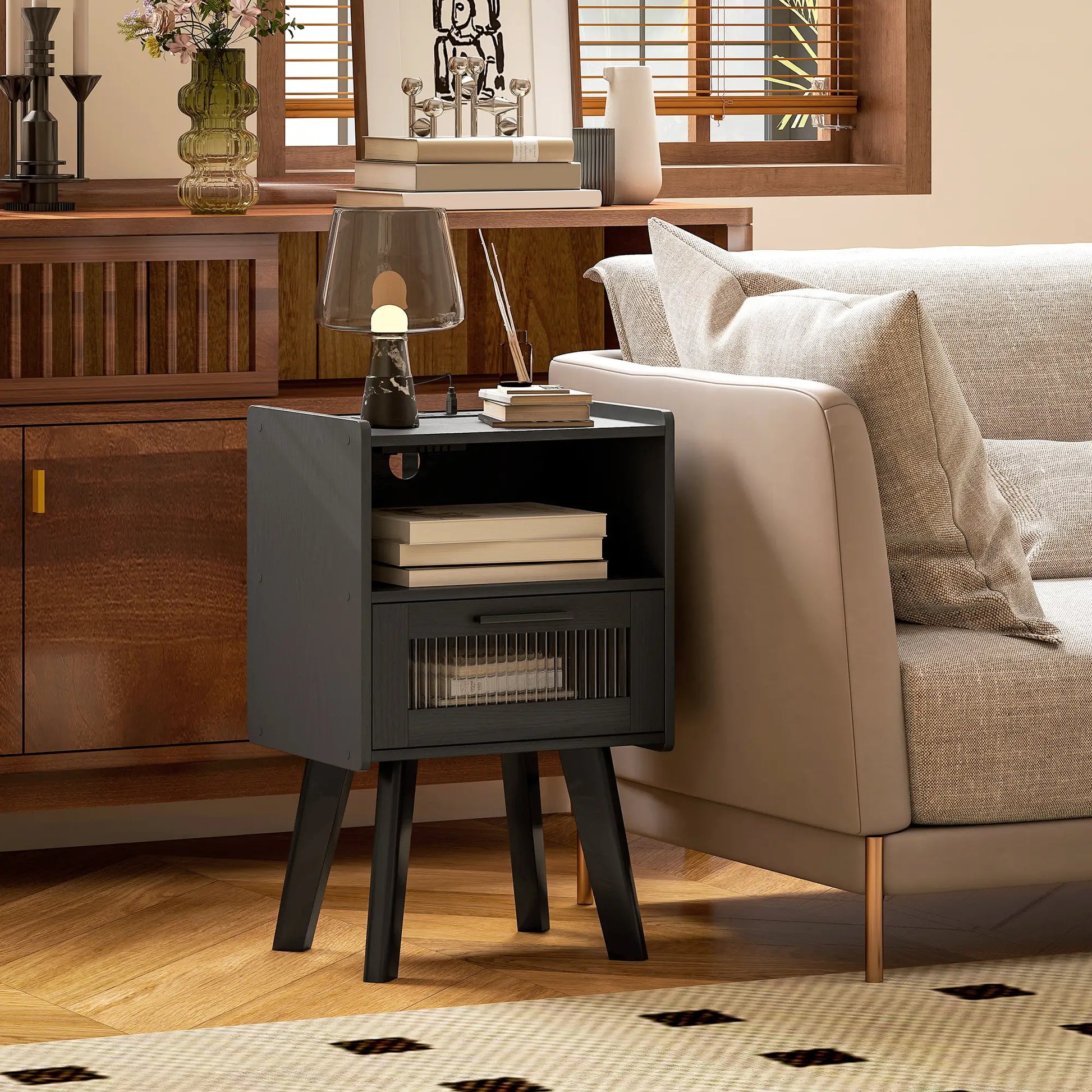 Modern Nightstands Set of 2, Charging Station, Storage, Glass Door, Black Side Tables at Gallery Canada