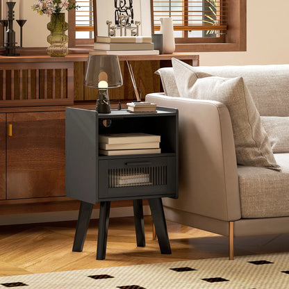 Modern Nightstands Set of 2, Charging Station, Storage, Glass Door, Black Side Tables at Gallery Canada