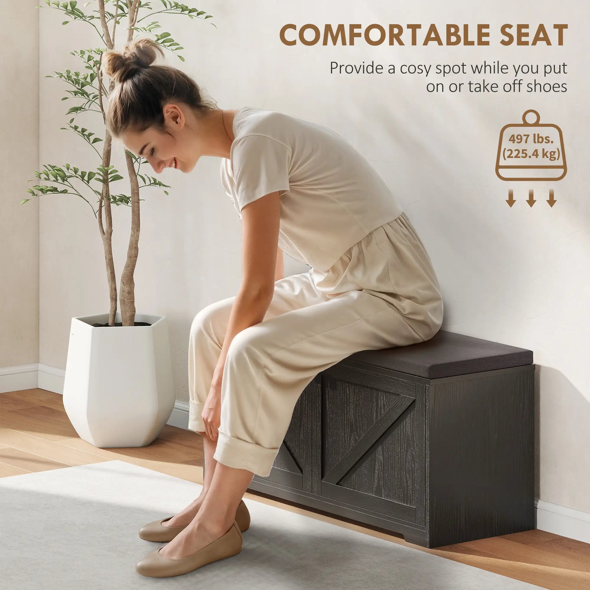 Shoe Storage Bench with Padded Seat, Entryway Bench, 8 Pairs, Black Wood Grain, Black Shoe Storage Cabinets & Racks at Gallery Canada