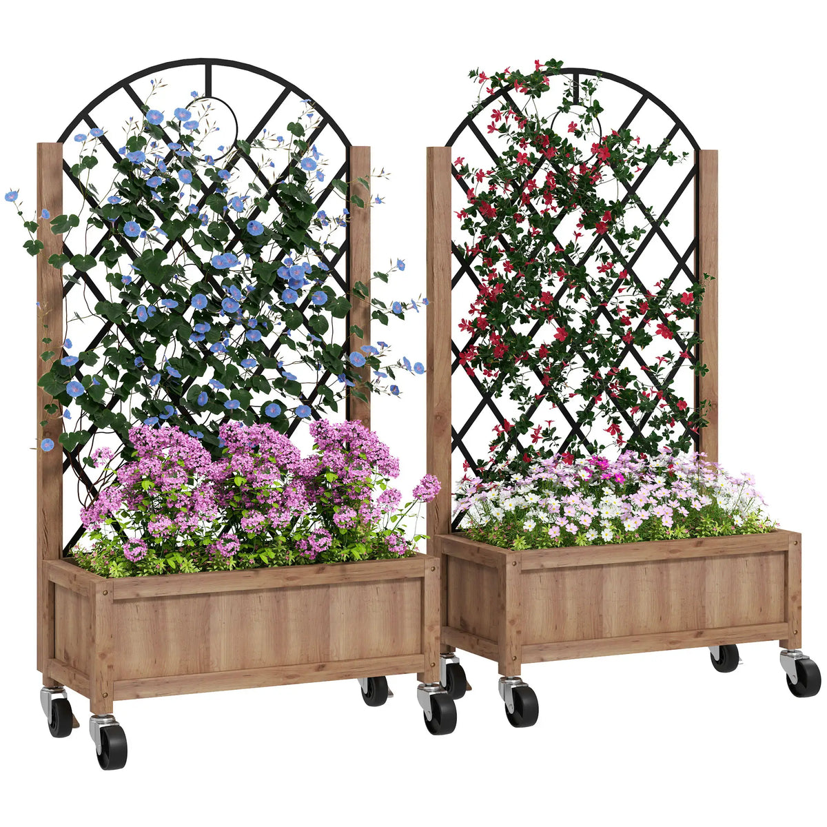 Raised Garden Bed With Metal Trellis, Elevated Planter Box With Wheels, 20.5" x 9.8" x 38.2", Brown Wooden Planter Boxes Brown, Black at Gallery Canada