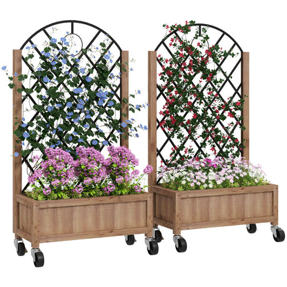 Raised Garden Bed With Metal Trellis, Elevated Planter Box With Wheels, 20.5" x 9.8" x 38.2", Brown Wooden Planter Boxes Brown, Black at Gallery Canada