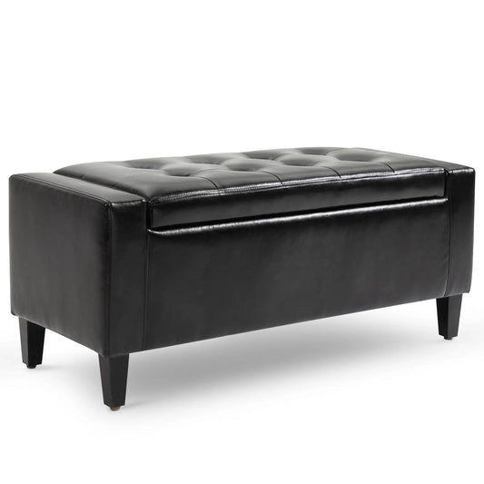 Storage Ottoman Bench, PU Leather Upholstered, Tufted Design, Black Storage Ottomans & Benches Black at Gallery Canada