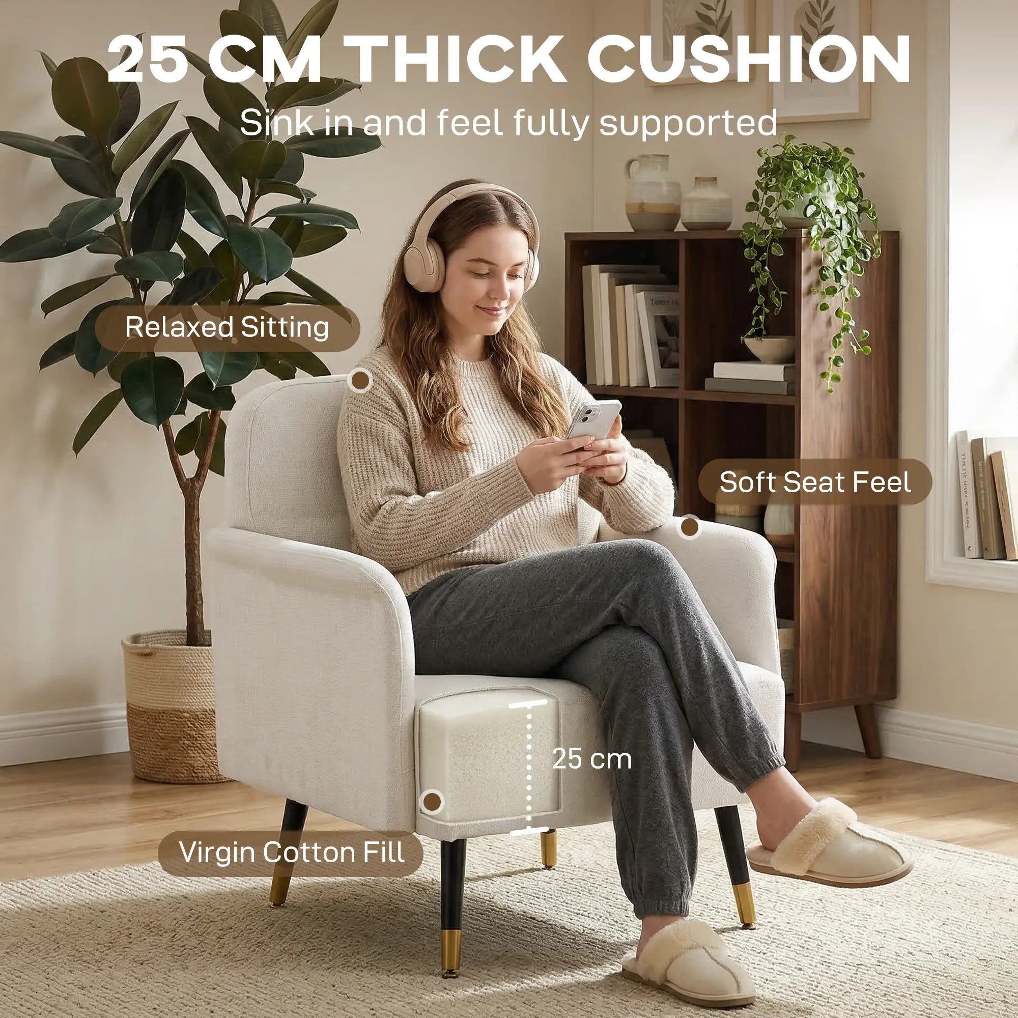 Modern Tufted Accent Chair, Metal Legs, Upholstered Reading Armchair, Cream White Accent Chairs at Gallery Canada