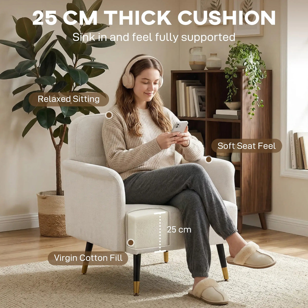 Modern Tufted Accent Chair, Metal Legs, Upholstered Reading Armchair, Cream White Accent Chairs at Gallery Canada
