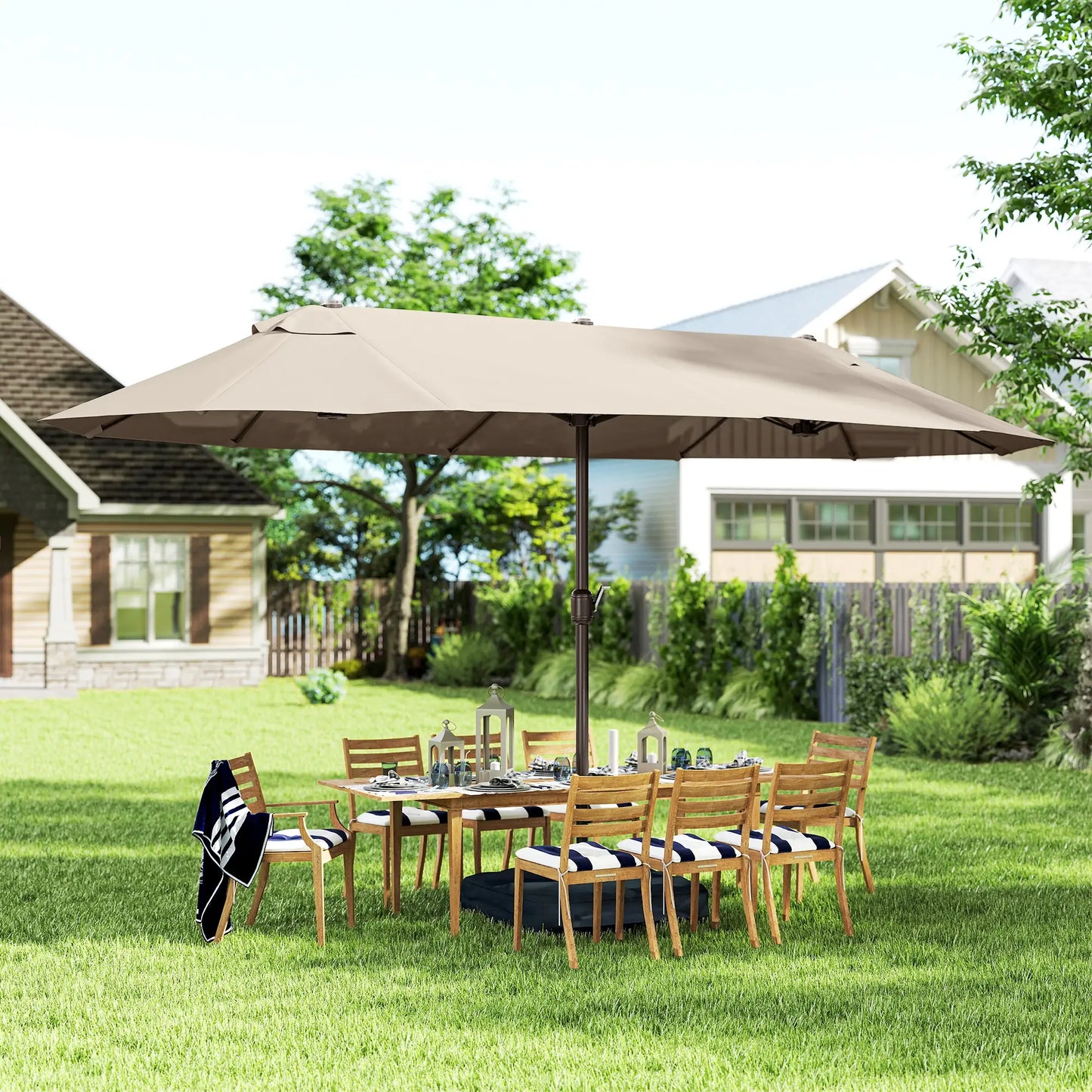 15' Outdoor Patio Umbrella, Twin Canopy Sunshade, Steel, Lift Crank, Khaki Sun Umbrellas at Gallery Canada