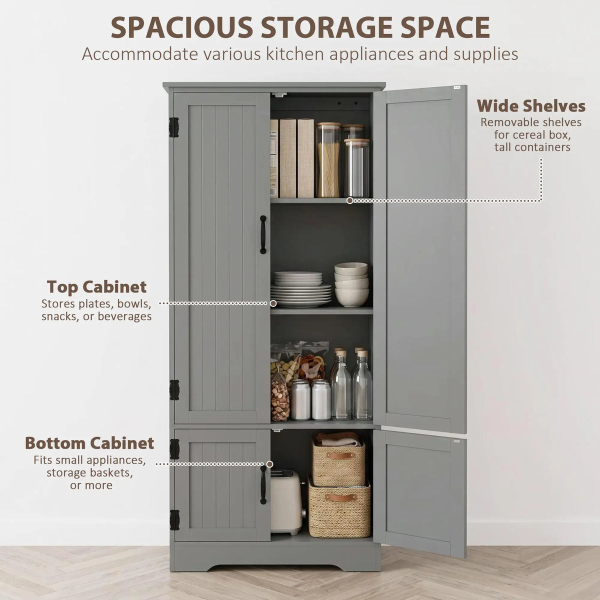 60" 4-Door Storage Cabinet, Multi-Storey Pantry, Adjustable Shelves, Grey, Grey
