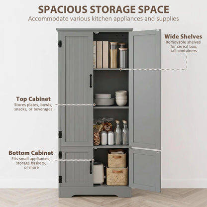 60" 4-Door Storage Cabinet, Multi-Storey Pantry, Adjustable Shelves, Grey, Grey