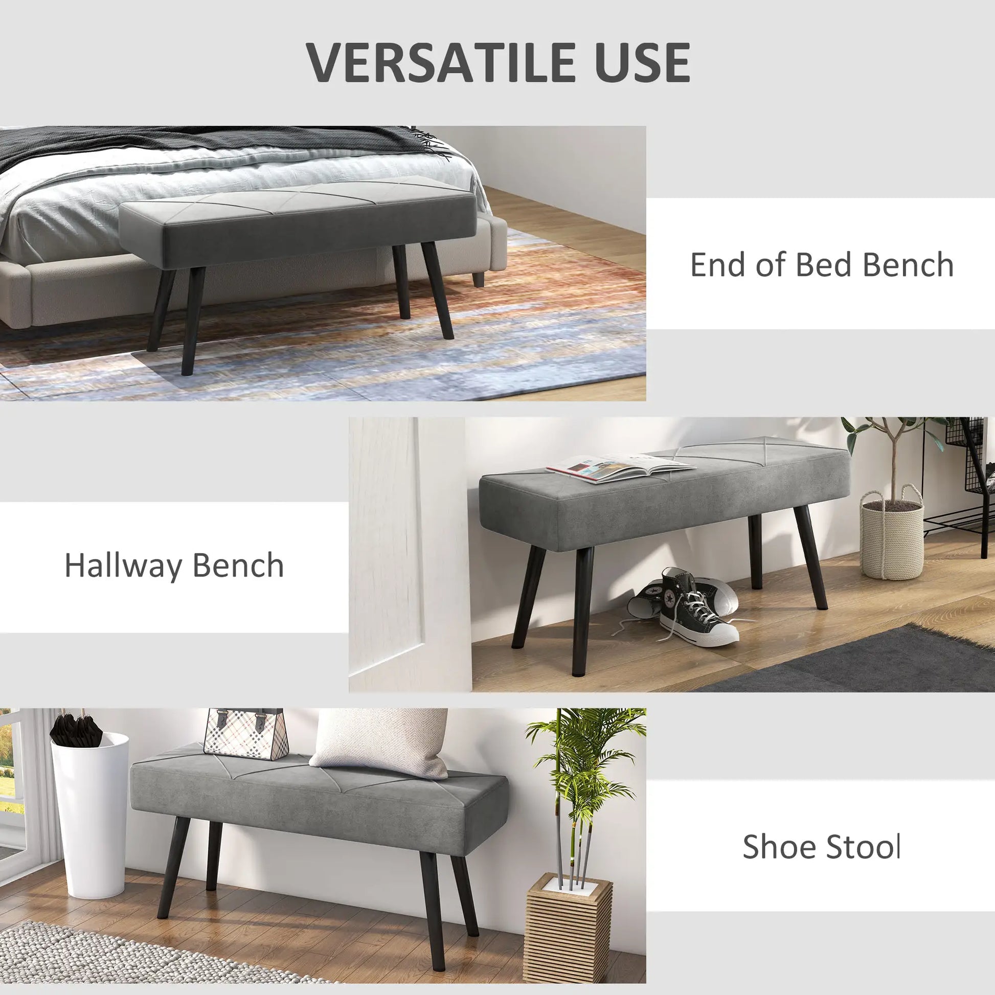 39 Inches Upholstered Bed Bench, Modern Steel Legs, Grey Storage Ottomans & Benches at Gallery Canada