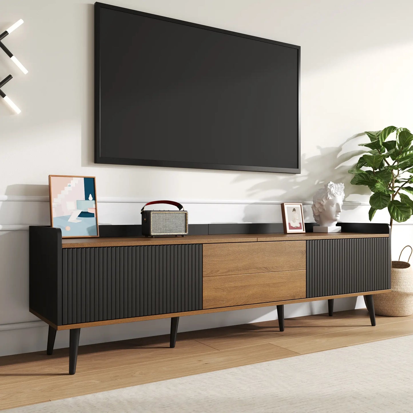 Three Door Stand, Raised Edge, Sturdy Wooden Legs, 63" L x 15.5" W x 19.5" H, Natural, Black TV Stands at Gallery Canada