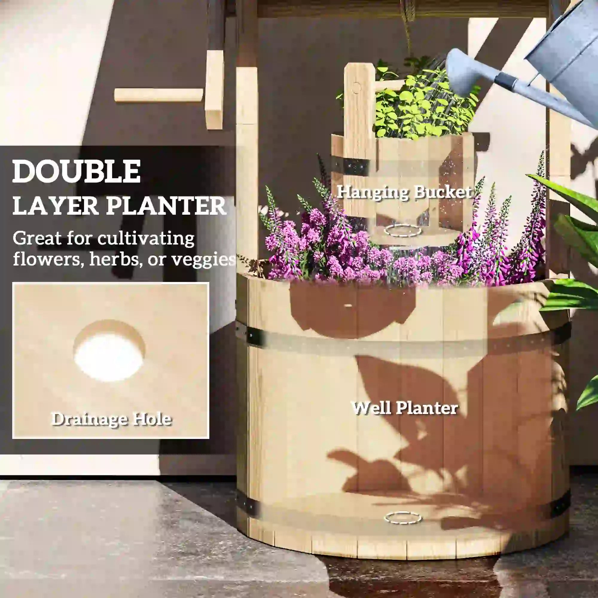 Wood Wishing Well Planter With Hanging Bucket, Natural Water Fountains at Gallery Canada