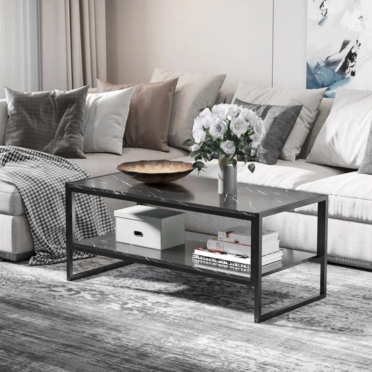 2-Tier Coffee Table with Storage, Marble Textured Top, Black Coffee Tables Black at Gallery Canada