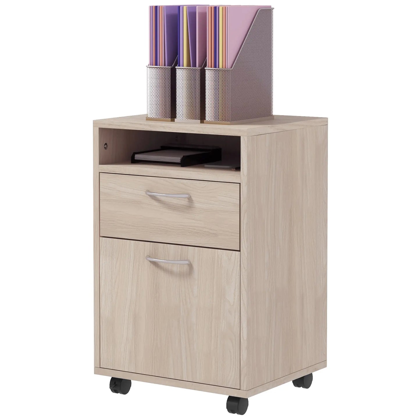 24" Small Filing Cabinet, Open Compartment, Drawer, Wheels, Oak Office Cabinets & Cupboards at Gallery Canada