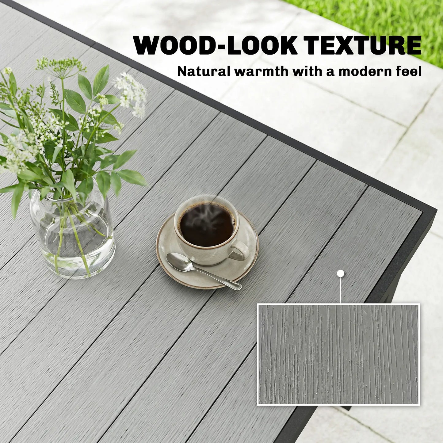 Rectangular Patio Table For 6, Wood-Plastic Composite Top, Steel Frame, Grey Patio Dining Tables at Gallery Canada