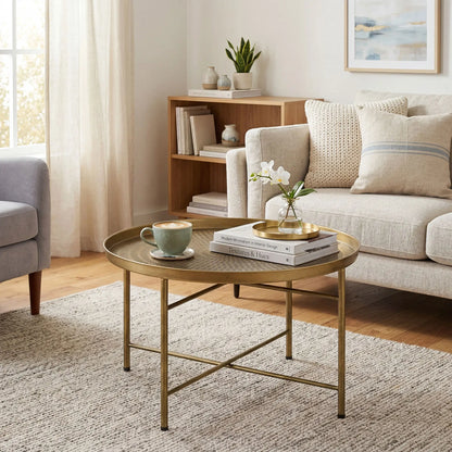Vintage Coffee Table for Living Room, 24" Round Center Table with Hammered Tray Top and Metal Frame, Gold Coffee Tables at Gallery Canada