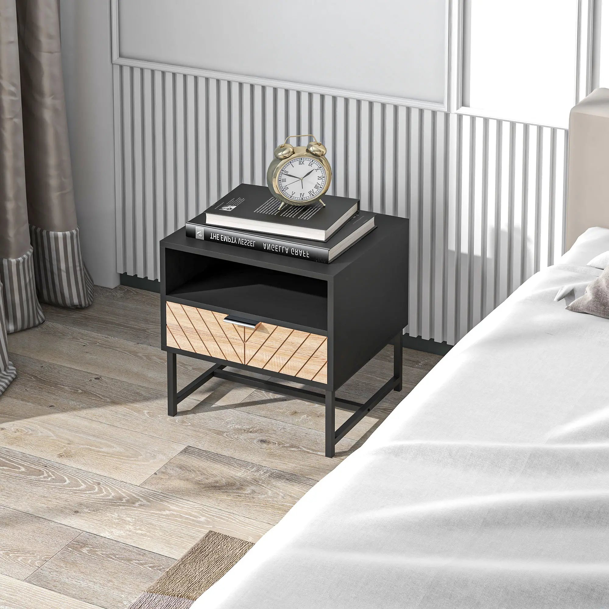 Modern Bedside Table with Drawer, Storage Shelf, Oak, Black Bedside Tables at Gallery Canada