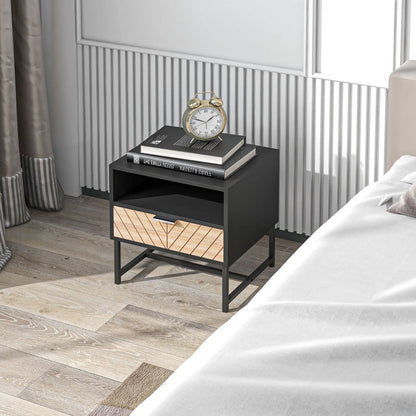 Modern Bedside Table with Drawer, Storage Shelf, Oak, Black Bedside Tables at Gallery Canada