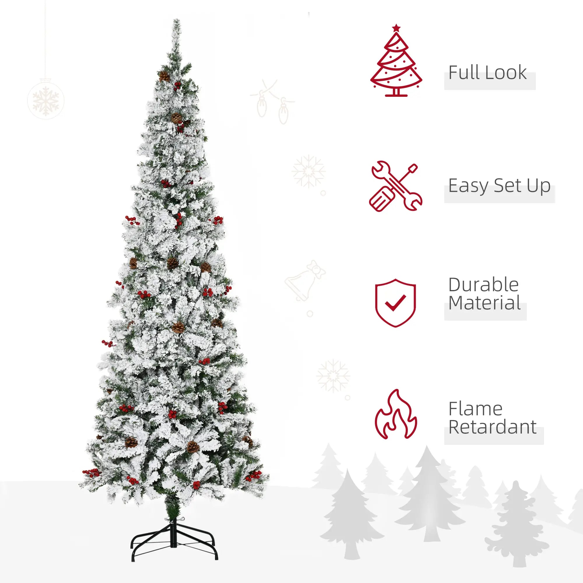 7.5 Foot Flocked Artificial Christmas Tree, 950 Pine Branches, Pine Cones, Red Berries, Green Pencil Christmas Trees at Gallery Canada