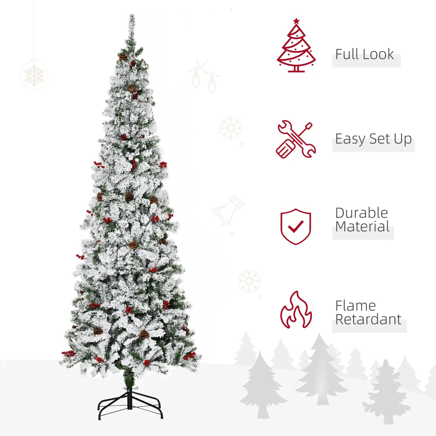 7.5 Foot Flocked Artificial Christmas Tree, 950 Pine Branches, Pine Cones, Red Berries, Green Pencil Christmas Trees at Gallery Canada