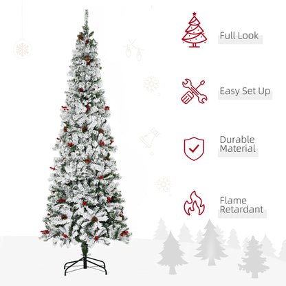 7.5 Foot Flocked Artificial Christmas Tree, 950 Pine Branches, Pine Cones, Red Berries, Green Pencil Christmas Trees at Gallery Canada