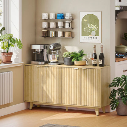 Fluted Sideboard Buffet, 55" Coffee Bar Cabinet, 4 Doors, 2 Shelves, Nature Wood Storage Cabinets at Gallery Canada