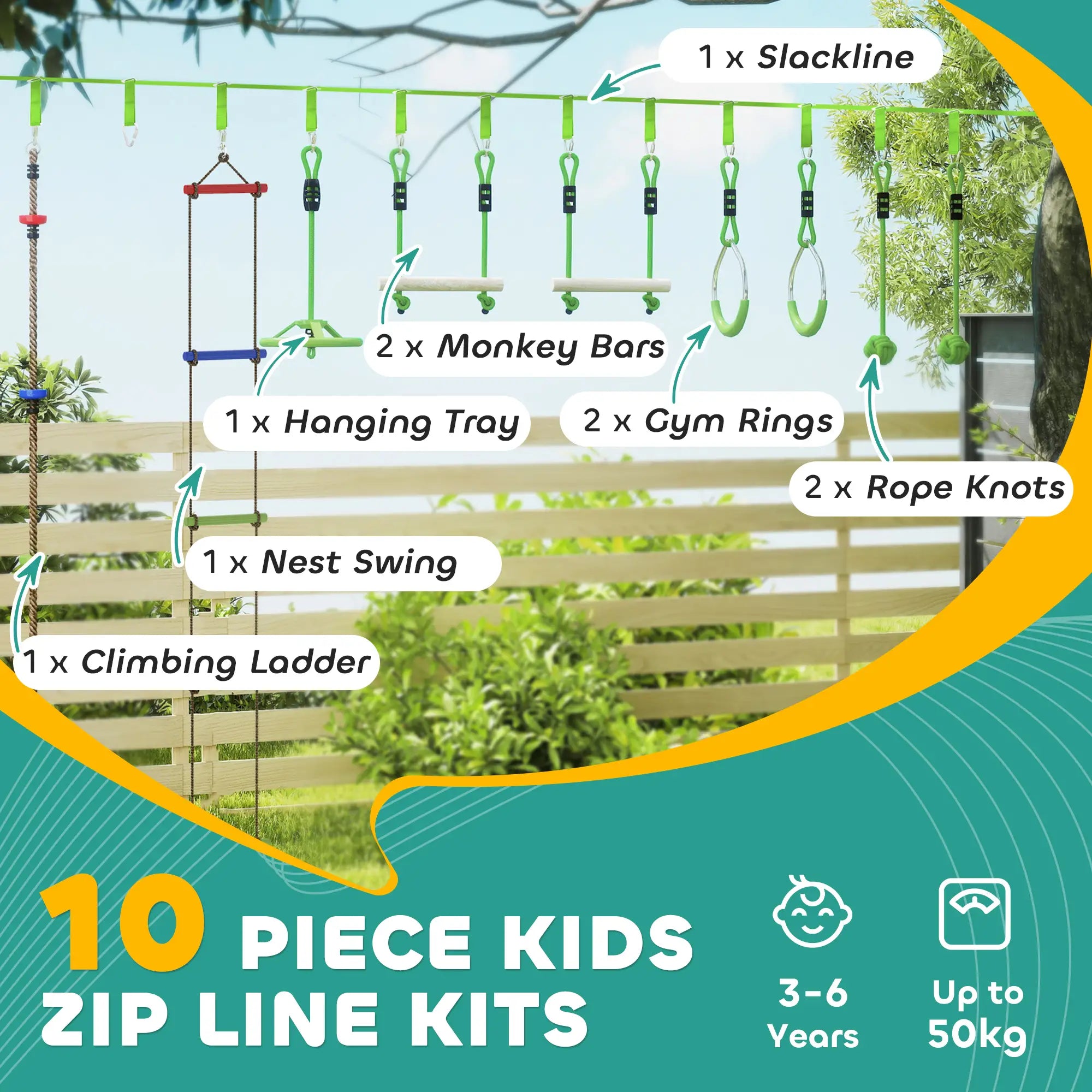 Kids Obstacle Course, 10-Piece Slackline Kit With Monkey Bars Gym Sets & Swings at Gallery Canada