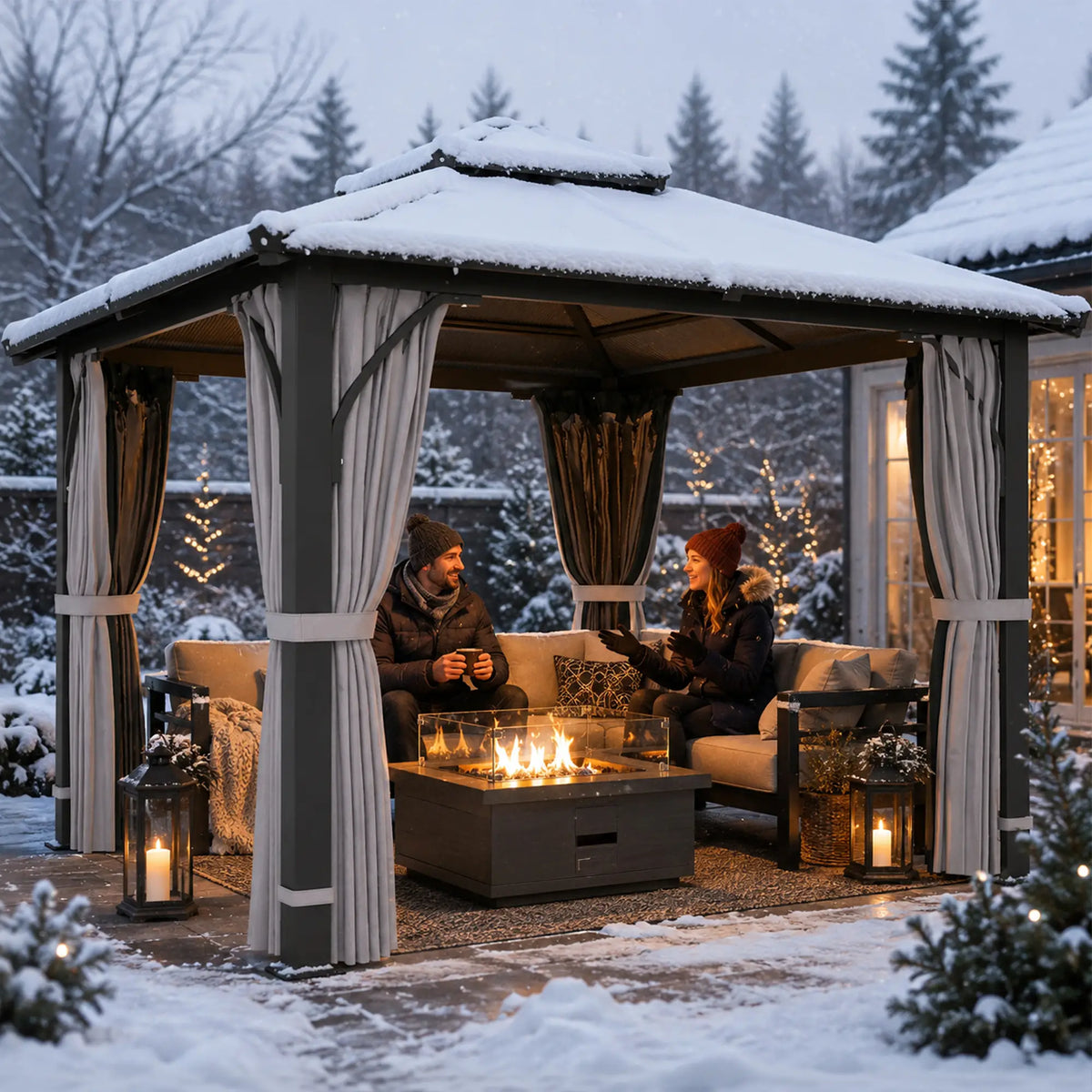 Gazebo à toit dur 10' x 10', toit en polycarbonate double de 7mm, moustiquaire, rideaux