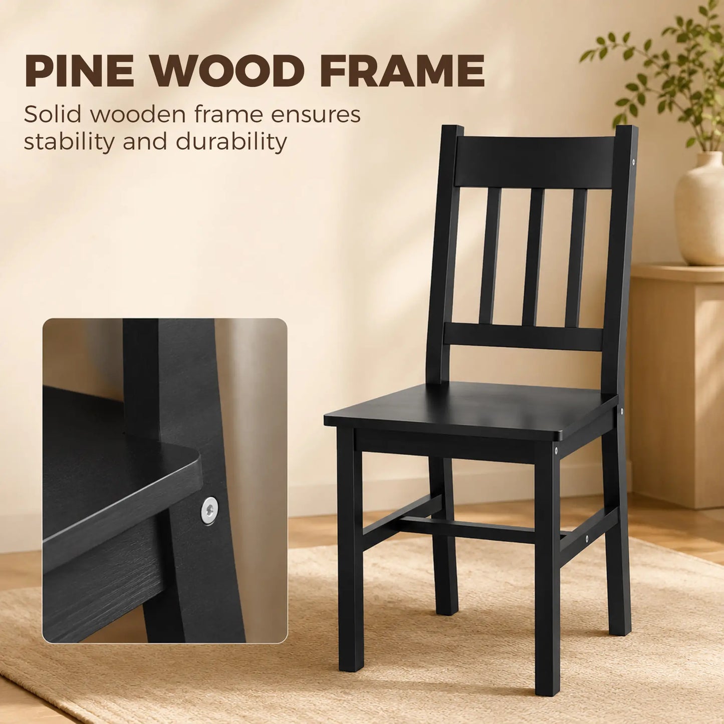 Set of 2 Kitchen Chairs with Slat Back, Black