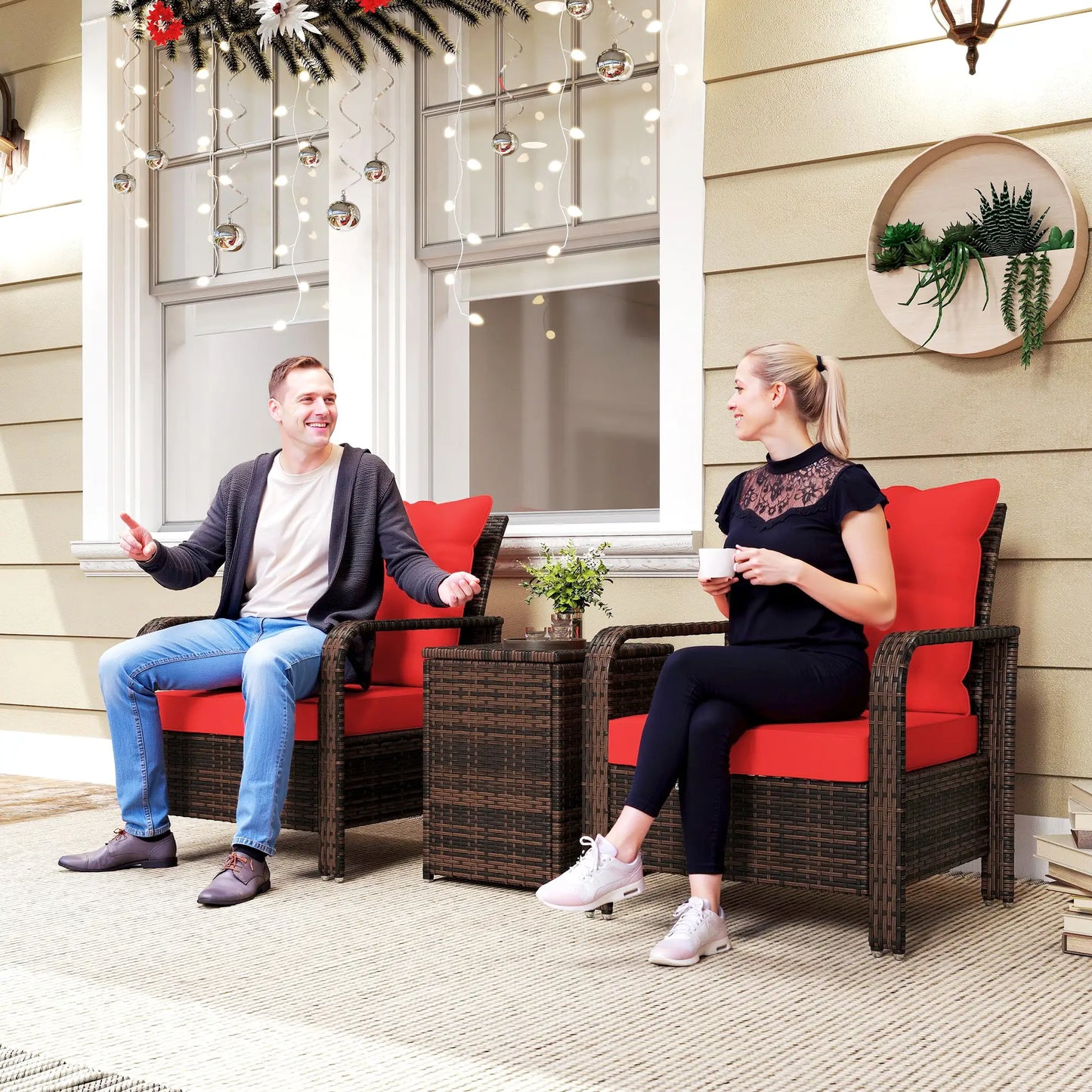 3 Pc Wicker Patio Set, Rattan Bistro with Storage Table, Thickened Cushions, Outdoor Garden Set, Red Bistro Sets at Gallery Canada