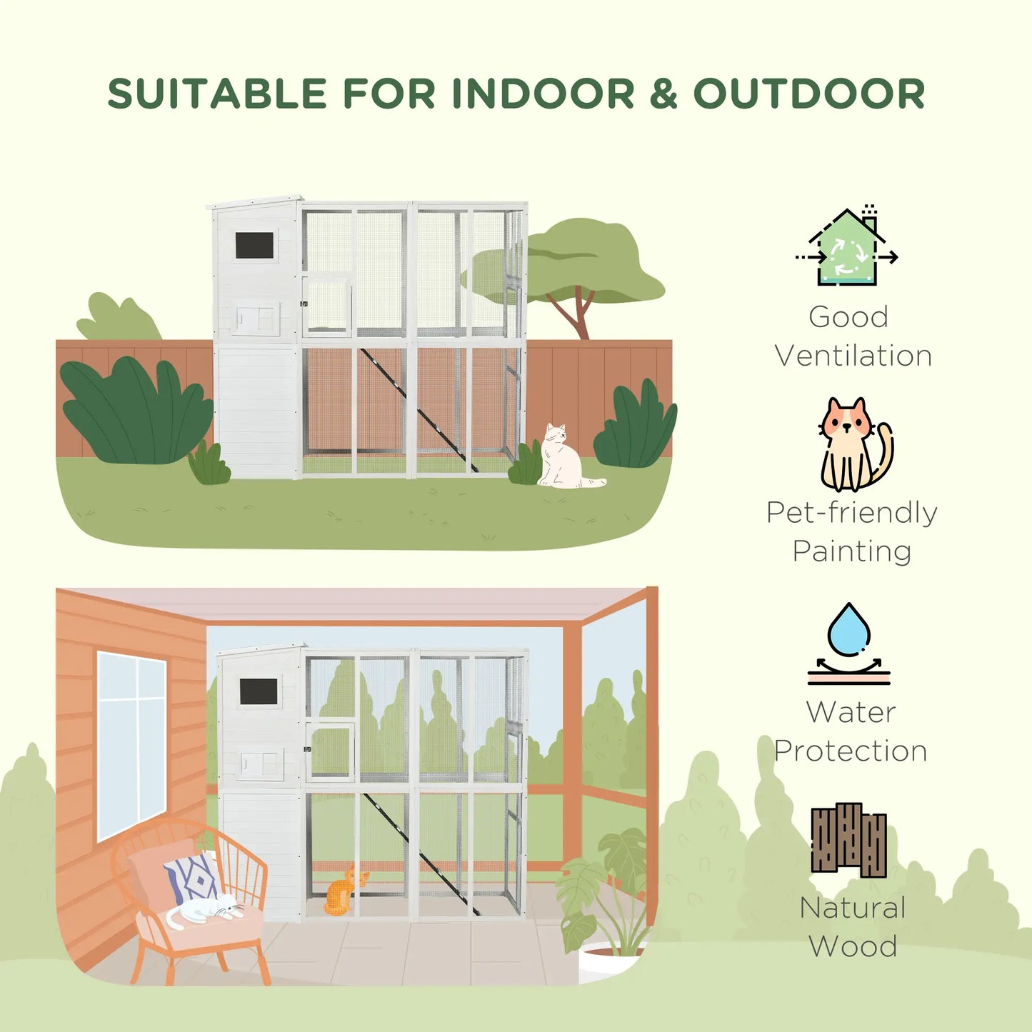 68.7" H Large Wooden Outdoor Cat House with Run, Catio, Condo, White Outdoor Cat Enclosures at Gallery Canada