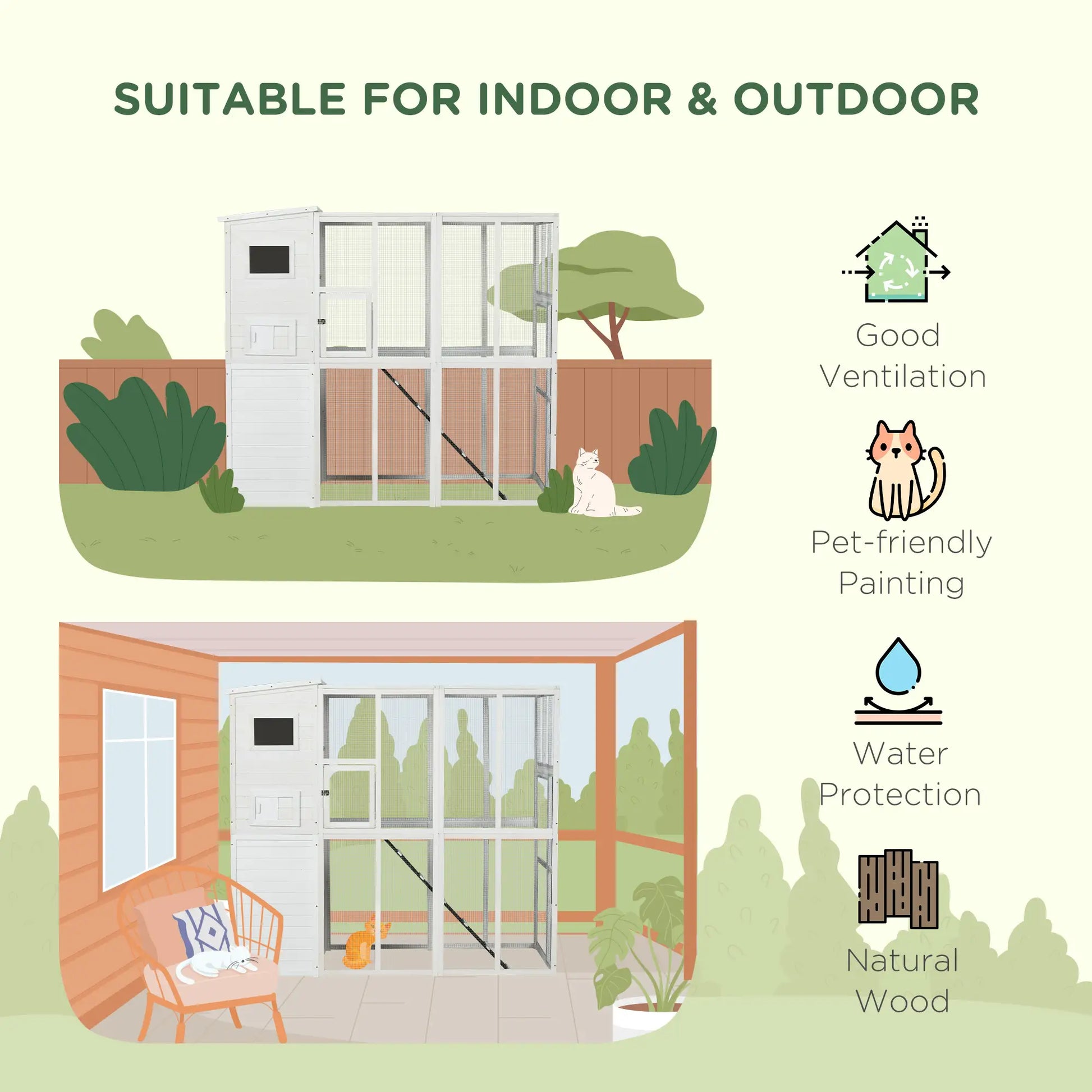 68.7" H Large Wooden Outdoor Cat House with Run, Catio, Condo, White Outdoor Cat Enclosures at Gallery Canada