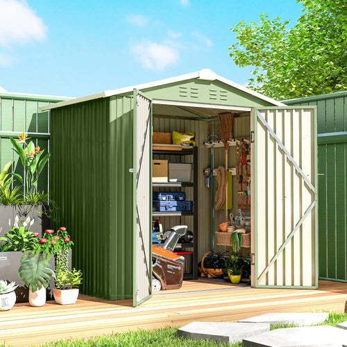 6.5' X 4' Metal Garden Shed, Lockable Double Doors, 4 Vents, Light Green