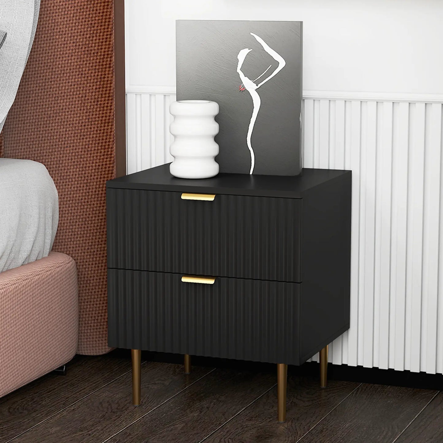 Modern Nightstand, 2 Drawers, Metal Legs, Black Bedside Tables at Gallery Canada