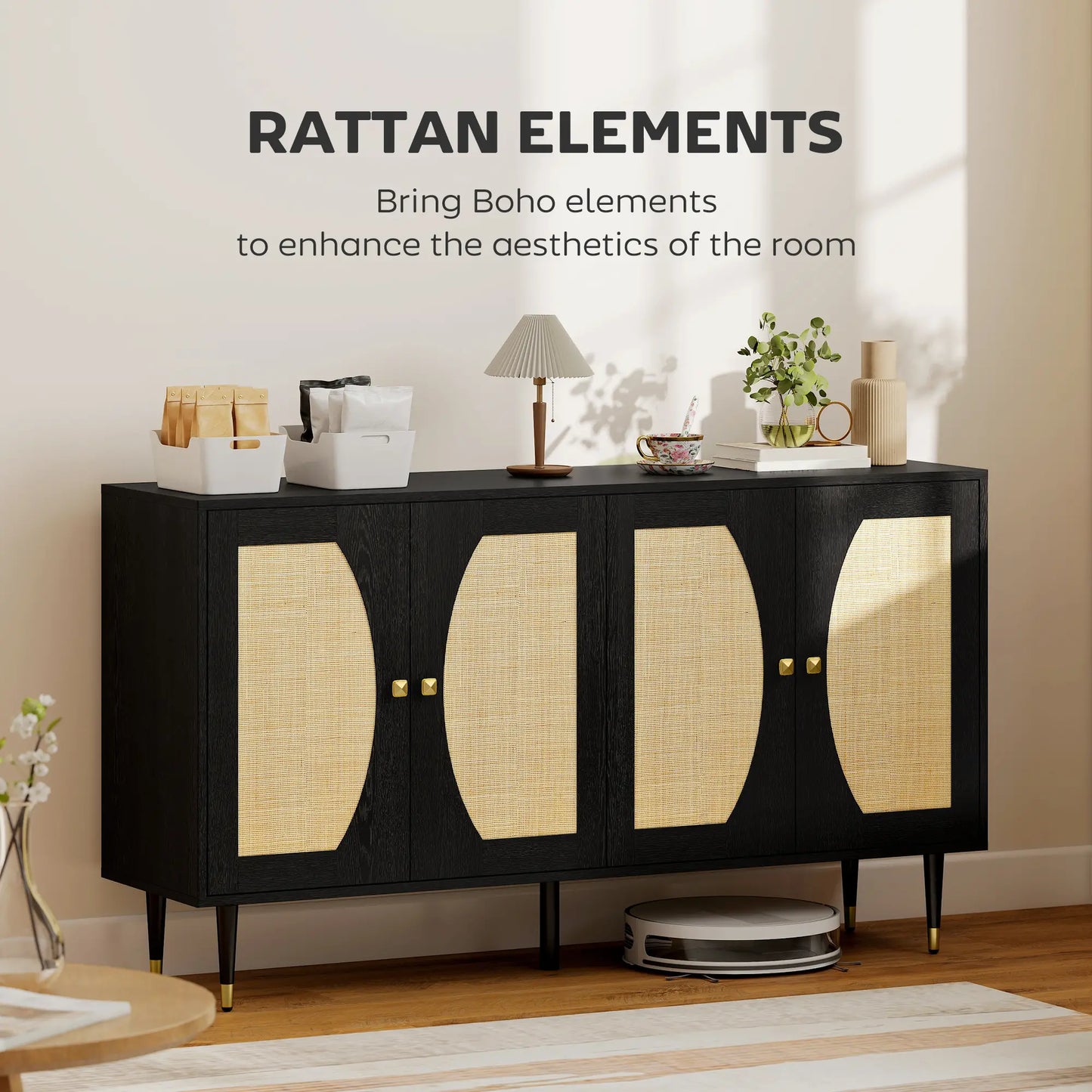 55" Sideboard Buffet Cabinet, Boho Storage With Adjustable Shelves, Black Storage Cabinets at Gallery Canada