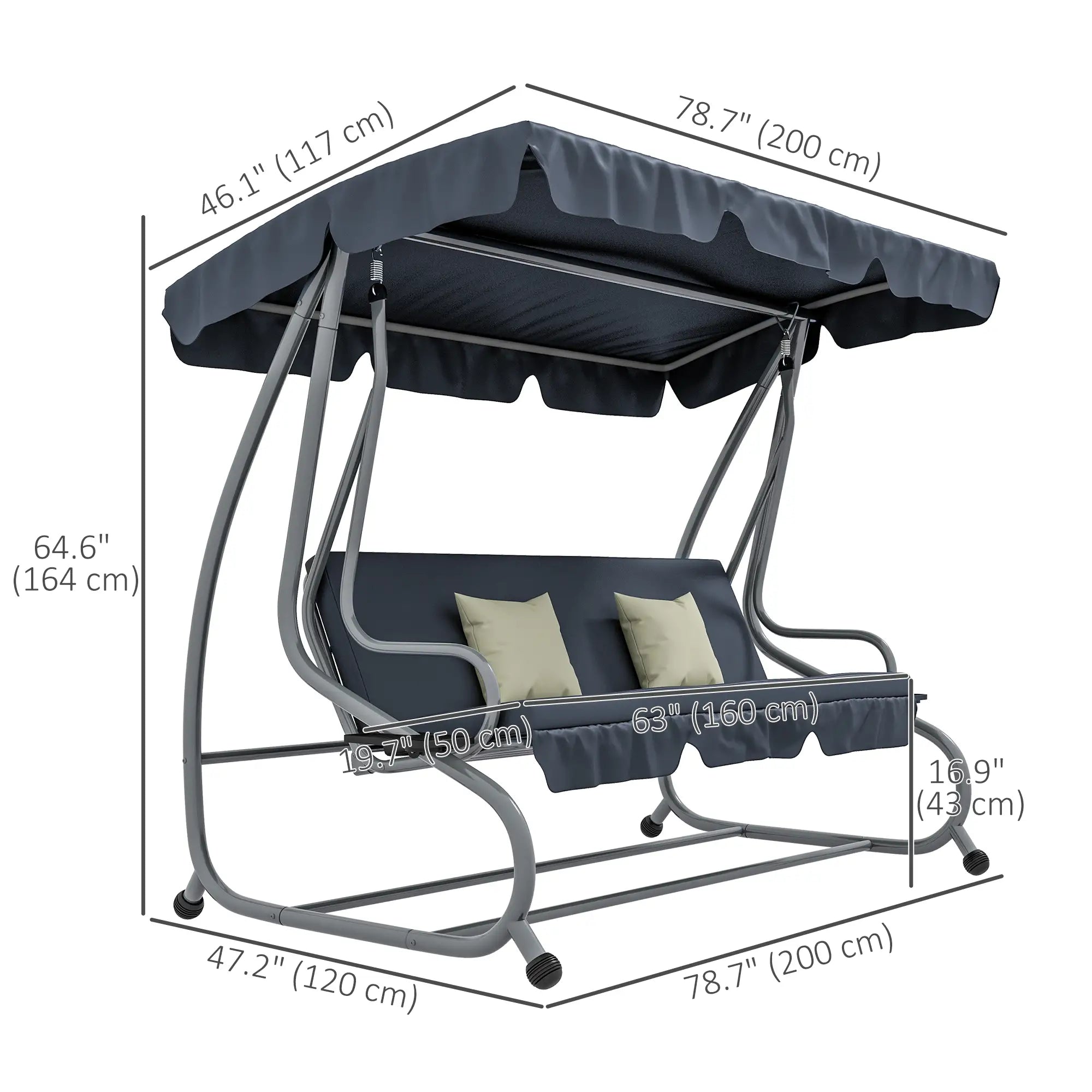 3-Seat Outdoor Swing Canopy Chair, Adjustable Shade, Cushions, Cup Holder, Dark Grey Patio Swings with Stand at Gallery Canada