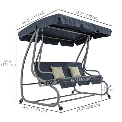 3-Seat Outdoor Swing Canopy Chair, Adjustable Shade, Cushions, Cup Holder, Dark Grey Patio Swings with Stand at Gallery Canada