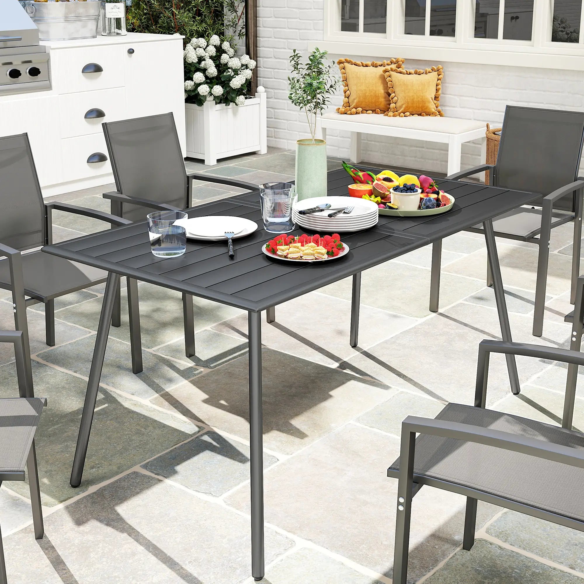 Rectangle Patio Dining Table for 6, Metal Steel Slat, 59