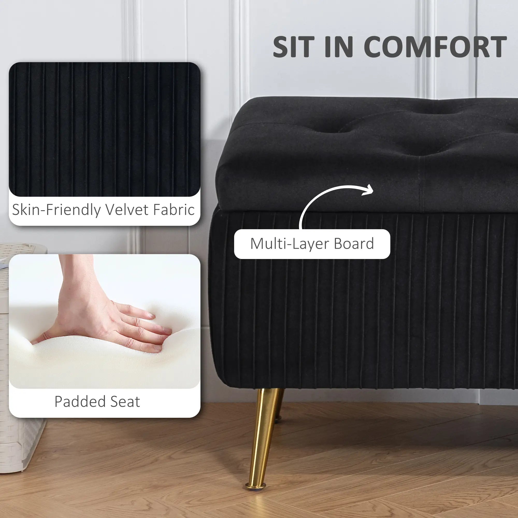 43 Inch Storage Ottoman Bench, Steel Legs, Padded Seat, Black Storage Ottomans & Benches at Gallery Canada