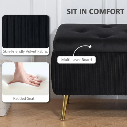 43 Inch Storage Ottoman Bench, Steel Legs, Padded Seat, Black Storage Ottomans & Benches at Gallery Canada