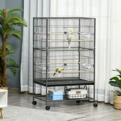 52'' Large Rolling Bird Cage, Storage Shelf, Wood Perch, Dark Grey Bird Cages at Gallery Canada