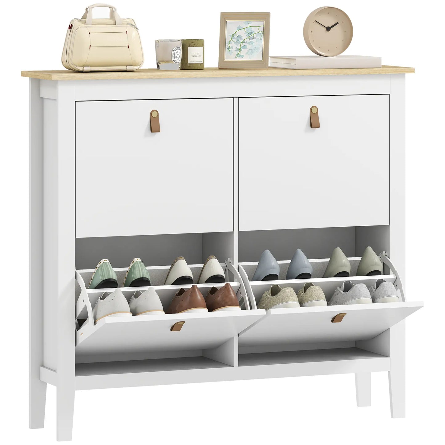 Narrow Shoe Cabinet, 4 Flip Drawers, Adjustable Shelves, White