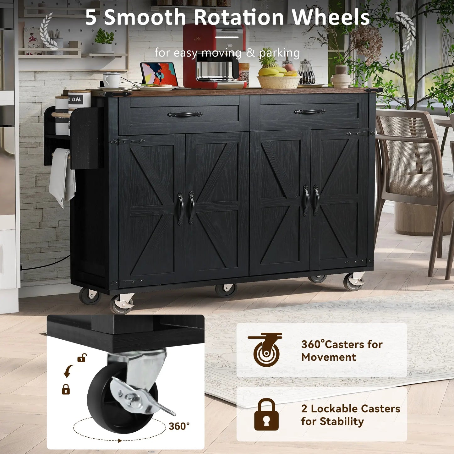 Kitchen Island with Spice Rack, Storage Drawers, Power Outlet, 53.5" L x 29" W x 36.5" H, Black Kitchen Islands & Kitchen Carts at Gallery Canada