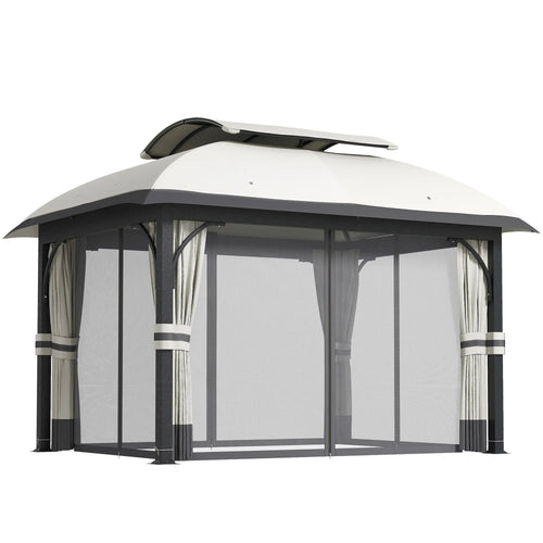11' x 13' Patio Gazebo, Double Roof Canopy with Netting, Light Grey
