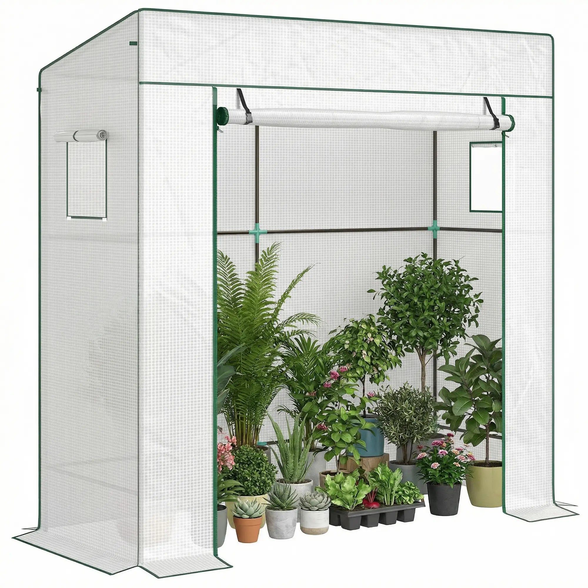 Walk-In Tomato Greenhouse, Lean-To, Reinforced PE Cover, Roll-Up Door, Mesh Windows, White Greenhouses at Gallery Canada
