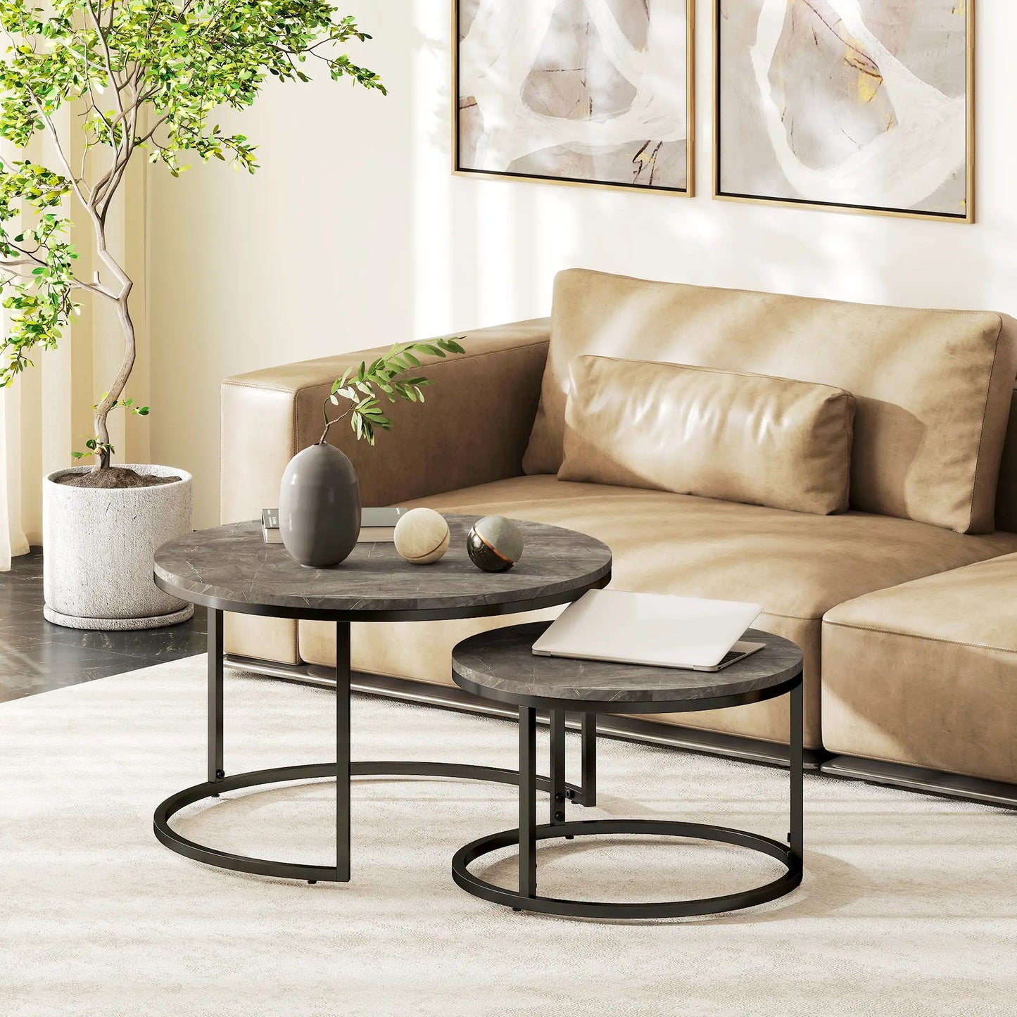 Modern Coffee Table Set of 2, Nesting Side Tables, Metal Base, Faux Marbled Grey, Grey Coffee Tables at Gallery Canada