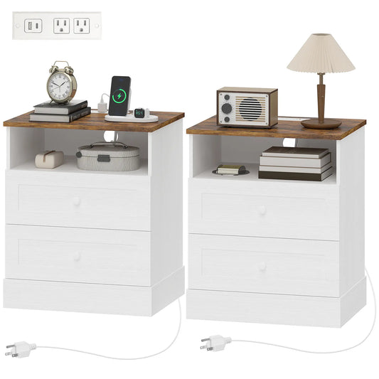 Nightstand with Charging Station 2 Drawers Bedside Table Set of 2 White and Oak Bedside Tables White, Oak at Gallery Canada