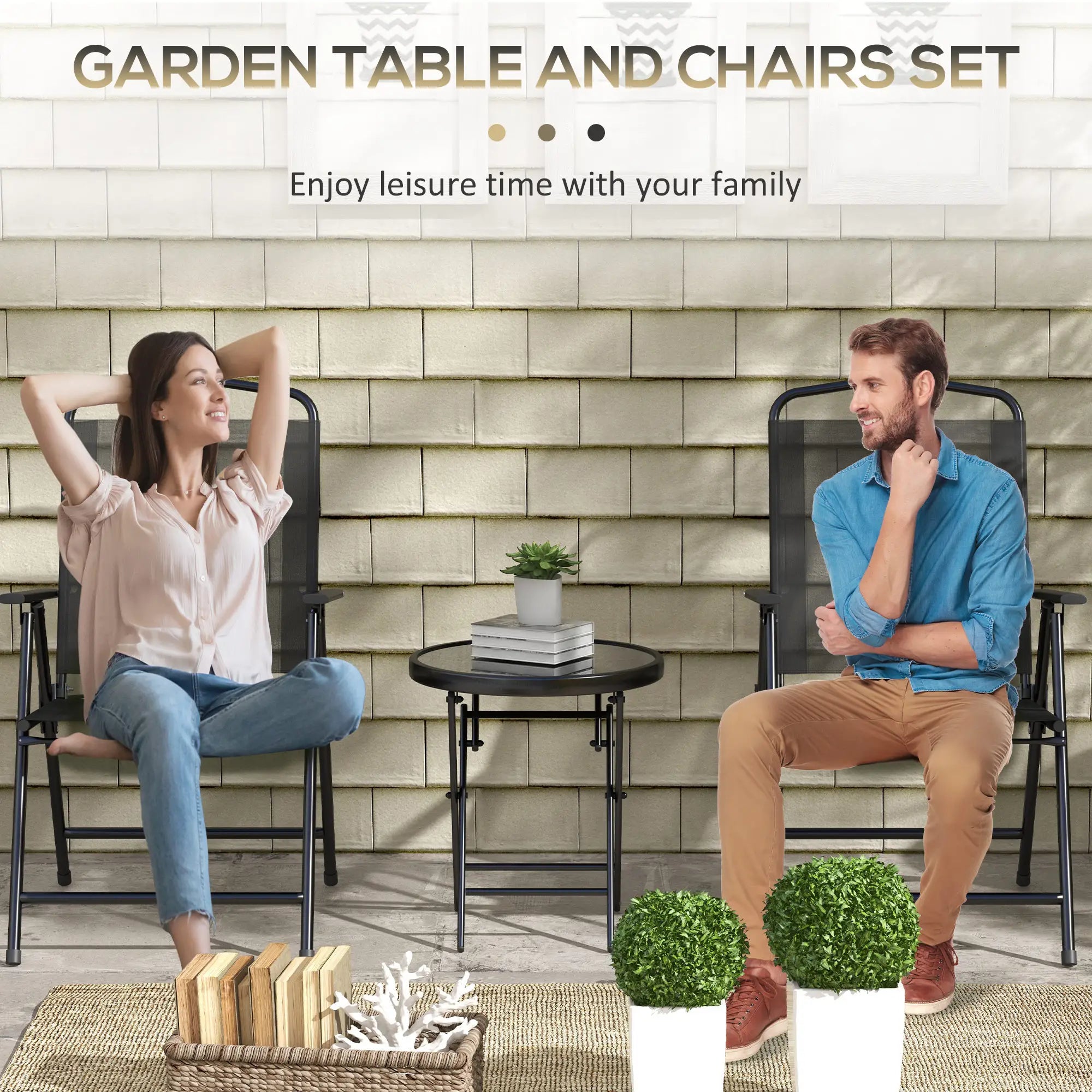3-Piece Bistro Set, Foldable Patio Furniture, Mesh Chairs, Glass Table, Black Bistro Sets at Gallery Canada