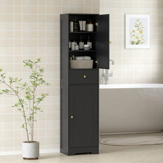67" Tall Bathroom Cabinet, 2 Doors, Drawer, Adjustable Shelf, Black Wood Grain, Black Freestanding Bathroom Cabinets Black Wood Grain at Gallery Canada
